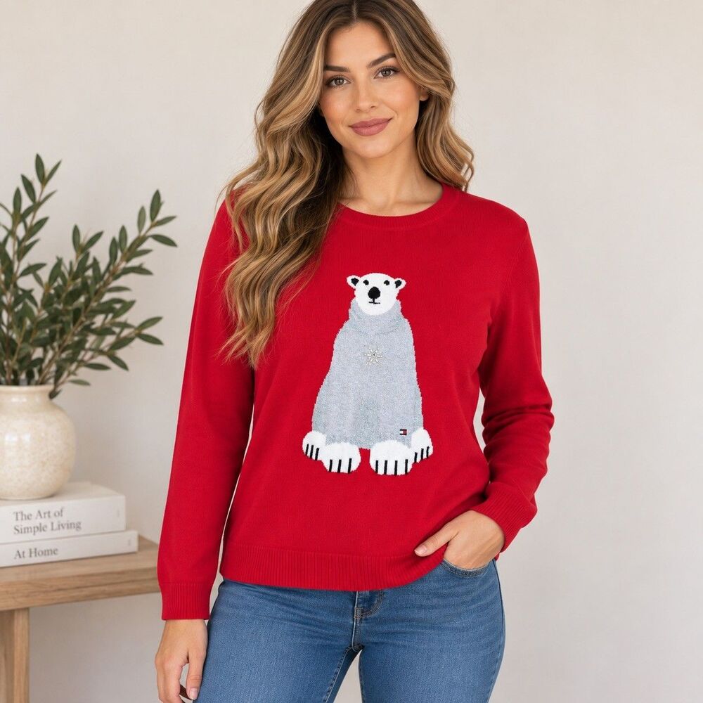 Tommy Hilfiger women’s Red Polar Bear Graphic Crewneck Pullover Sweater M